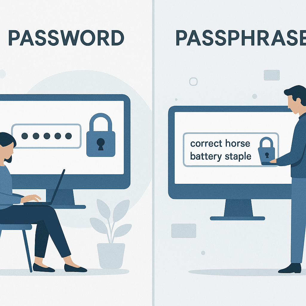 Person typing a passphrase into a login screen with confident posture
