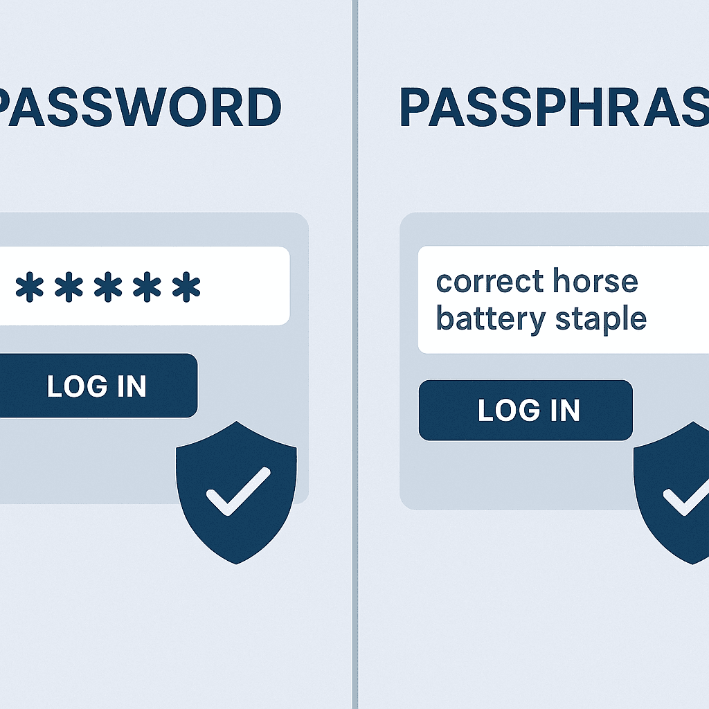 Side-by-side comparison showing a complex password with symbols on one side and a four-word passphrase on the other