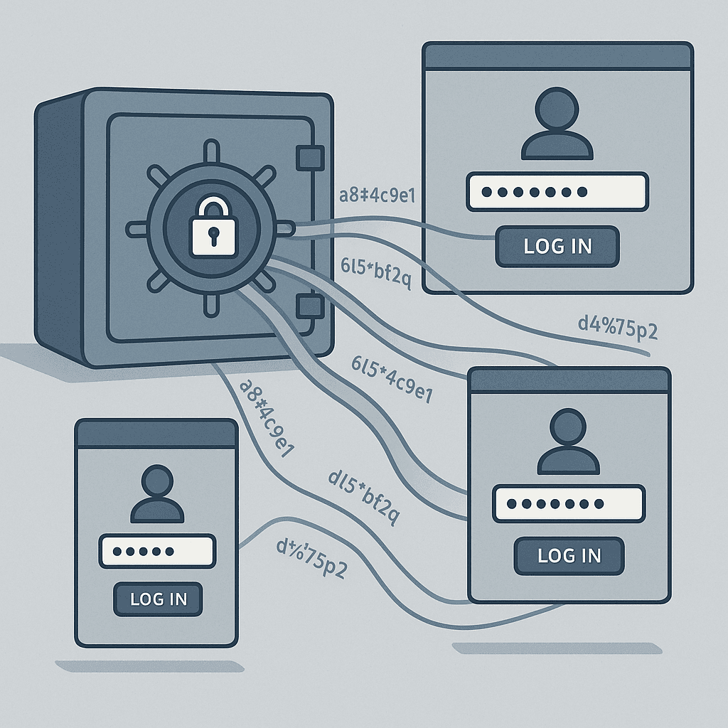 Person confidently logging into multiple devices with encrypted password vault in background
