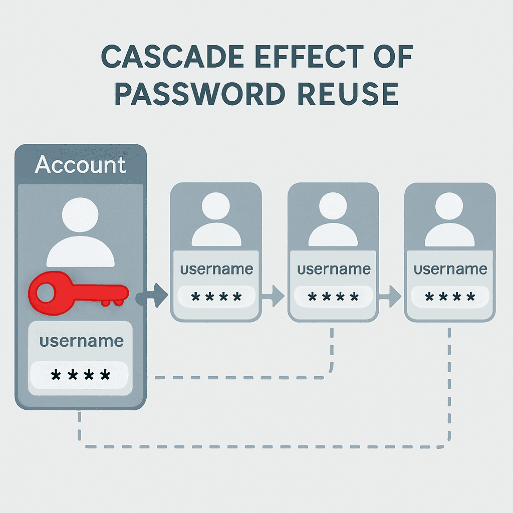 A single key unlocking multiple doors in sequence, each door representing a different online account, illustrated in a clean technical diagram style