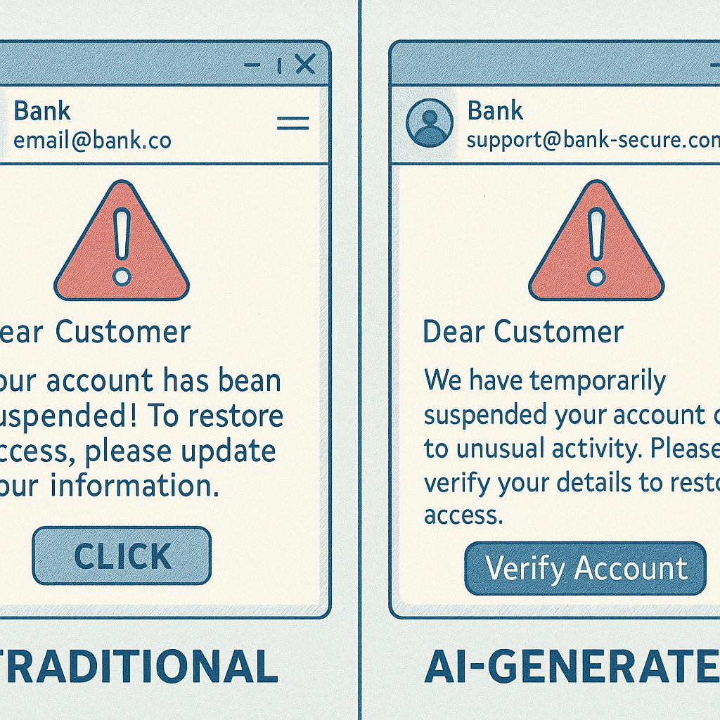 Split screen showing a traditional phishing email with obvious errors next to a polished AI-generated version with perfect grammar