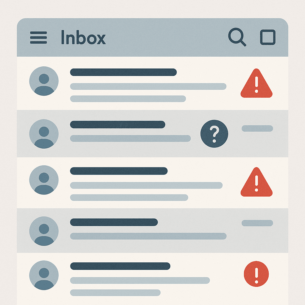 Person reviewing email headers with magnifying glass icon overlay