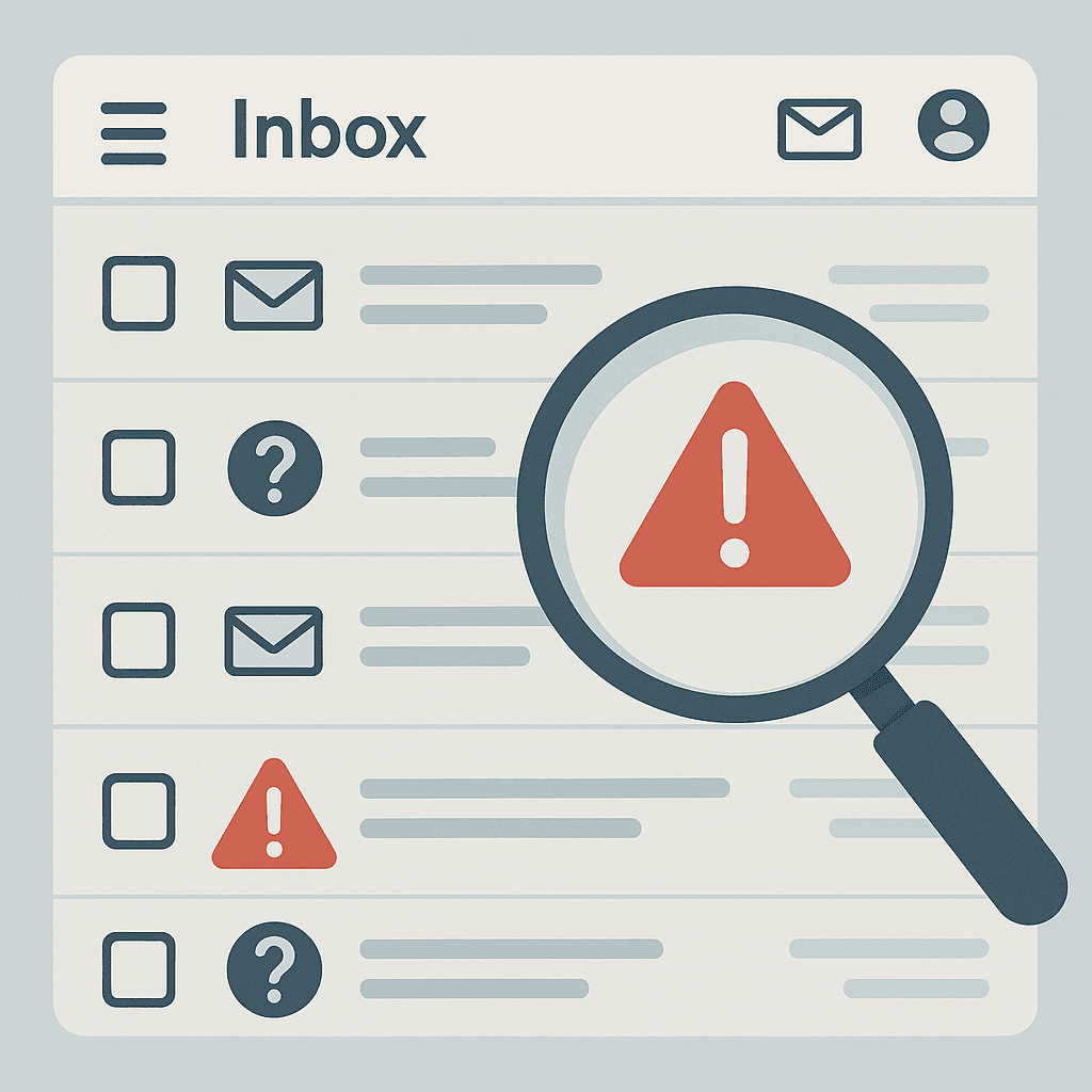 Stylized email inbox with warning symbols highlighting suspicious messages