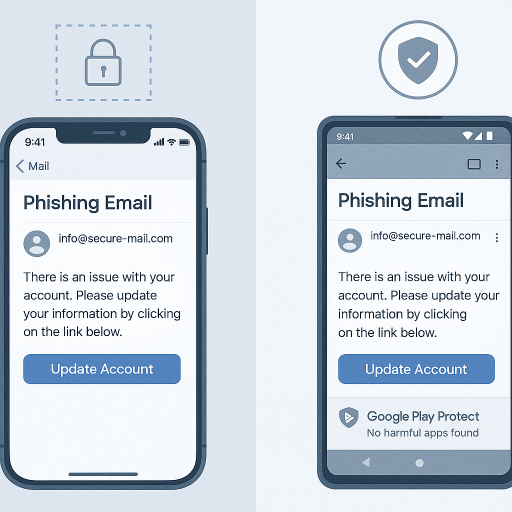 Side-by-side comparison of iPhone and Android screens showing identical phishing email with different platform security responses
