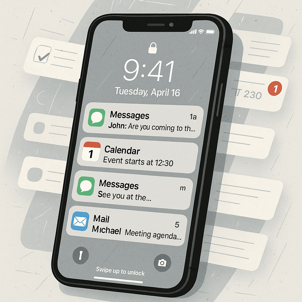 Smartphone with lock screen displaying notification previews and incoming messages