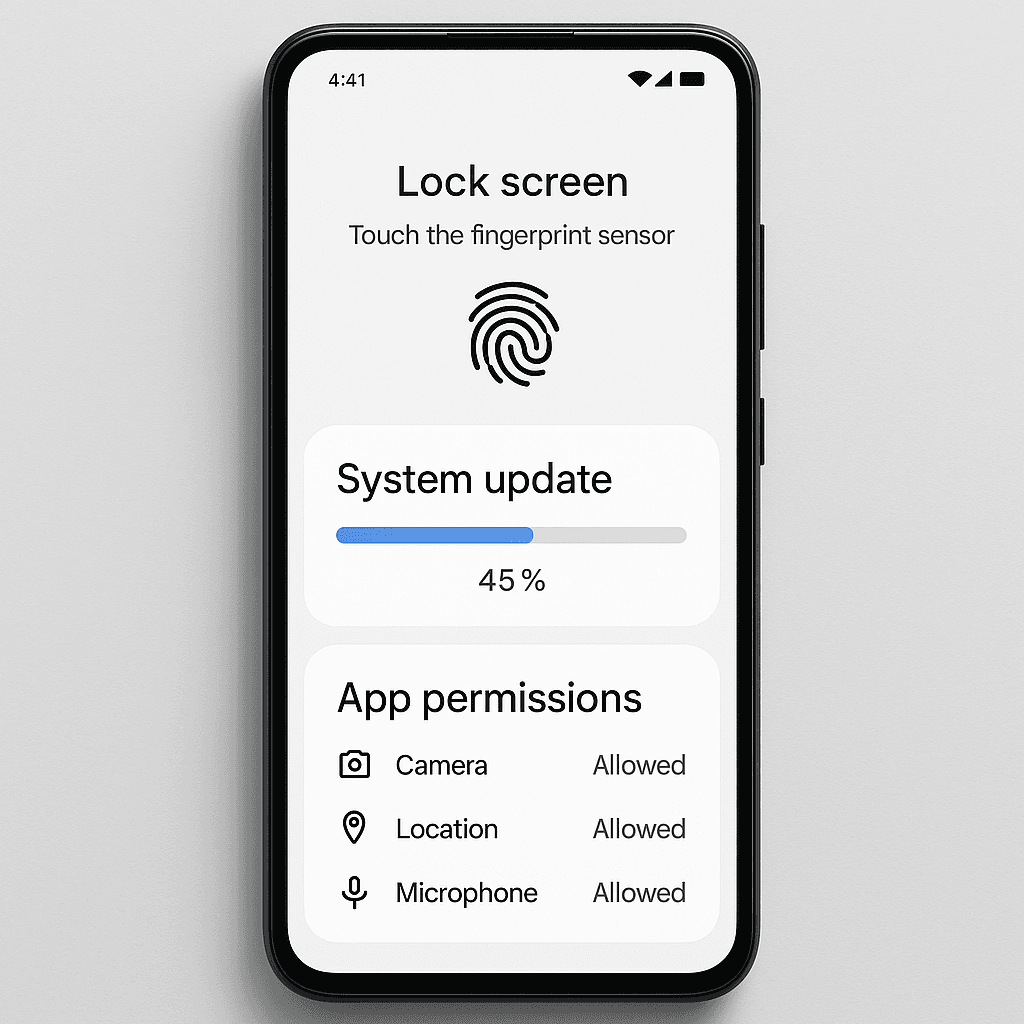 Smartphone displaying security settings interface with lock screen, update notification, and app permissions visible