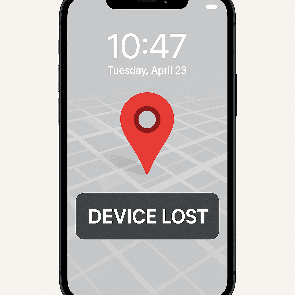 Smartphone with lock screen displaying remote wipe confirmation and location tracking map overlay