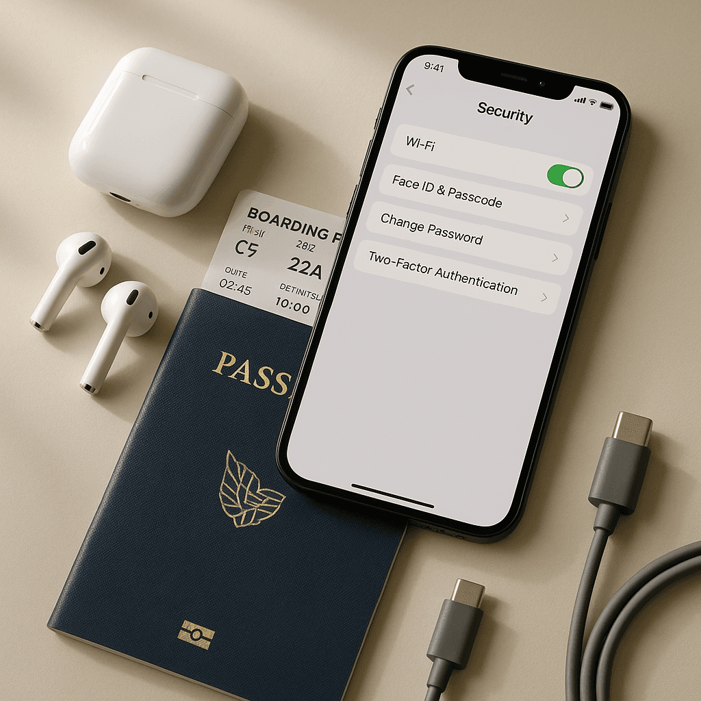 Smartphone displaying security settings next to passport and boarding pass on a clean desk surface