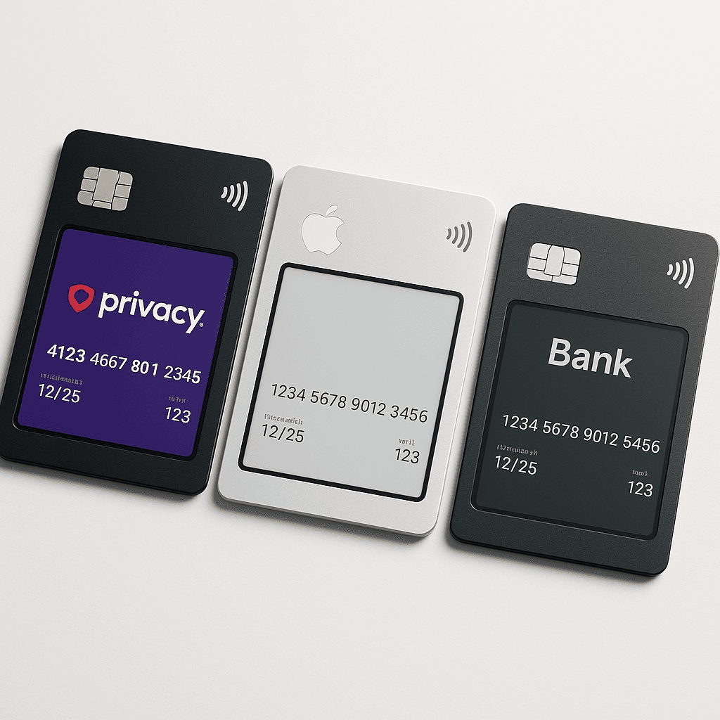 Three credit cards arranged side by side, each displaying different virtual card interfaces on their screens