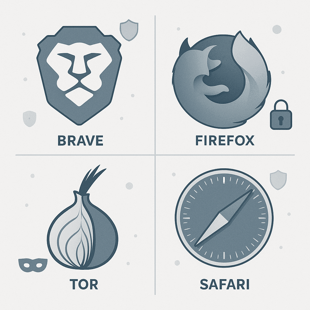 Four browser icons arranged side by side on a dark background with privacy shield symbols overlaid