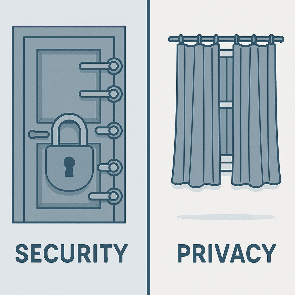 Split illustration showing a locked door (security) and closed curtains (privacy)