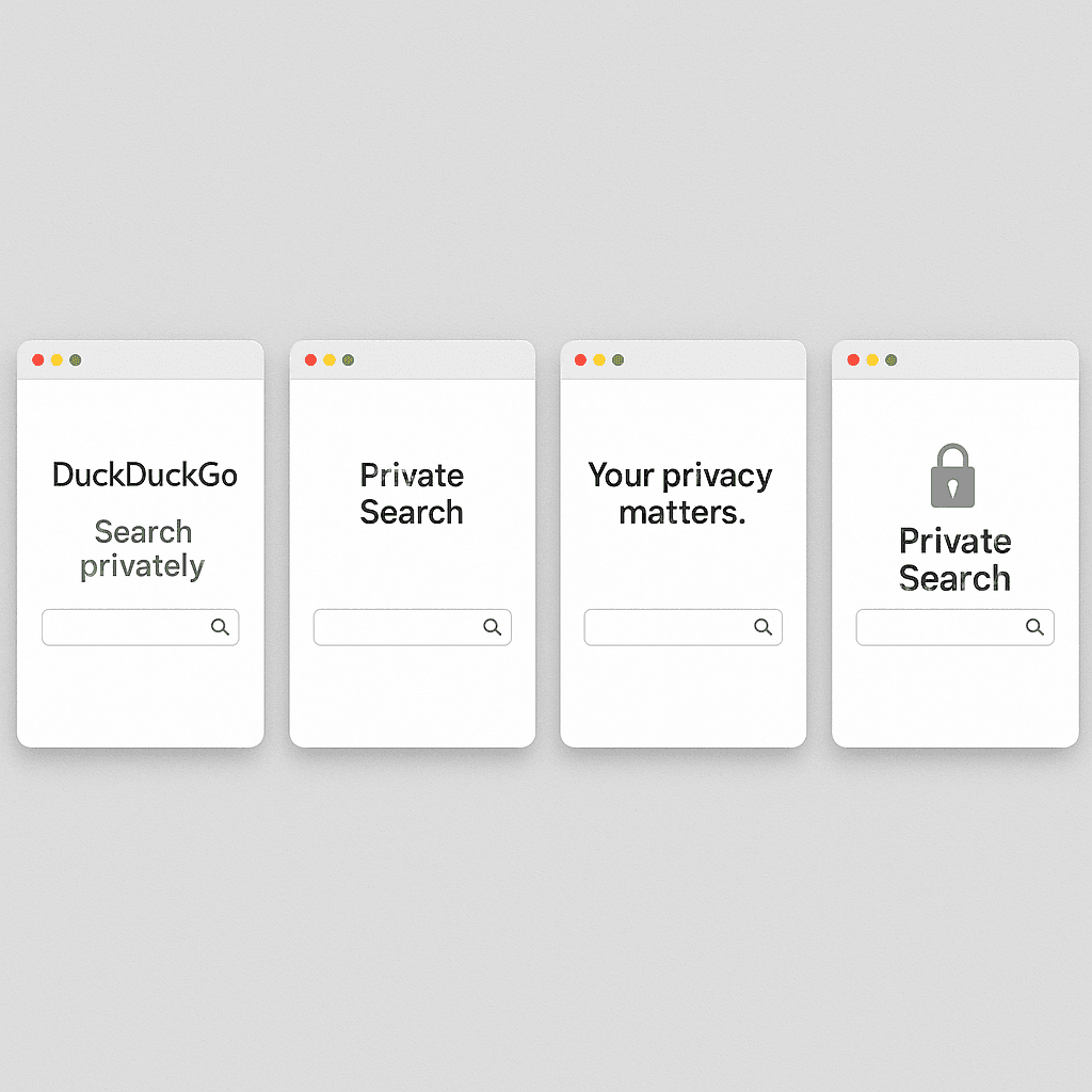 Four browser windows side by side showing different search engine homepages, each with minimal design and privacy-focused messaging