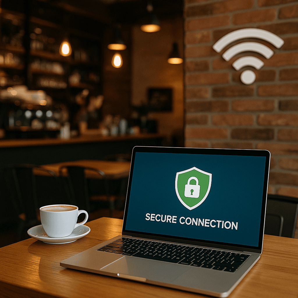 Laptop open on cafe table with WiFi symbol and security icons overlaid