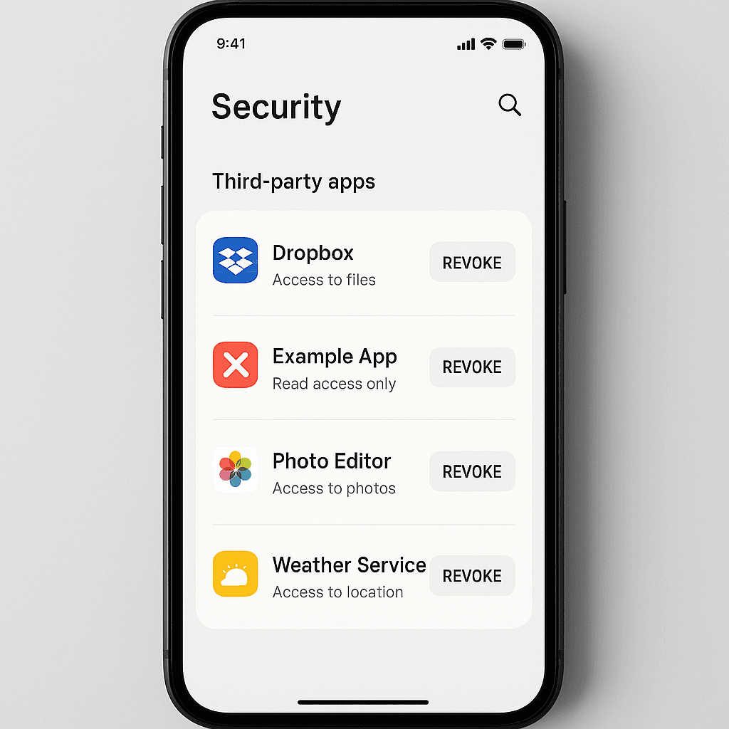 Smartphone screen displaying a list of connected third-party applications with toggle switches for permissions
