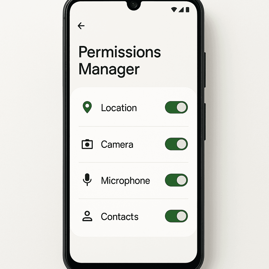 Android settings screen showing reviewed and adjusted app permissions with some access revoked