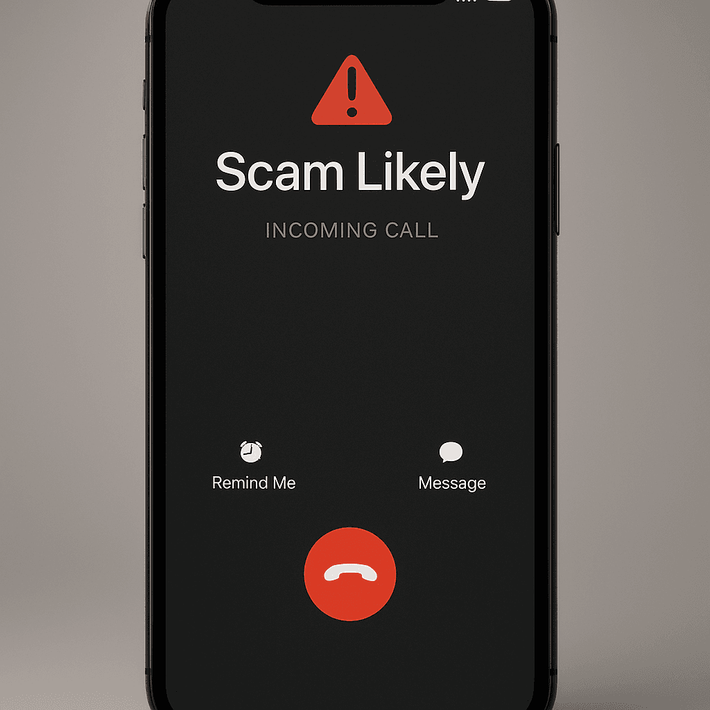 Smartphone screen displaying incoming call with 'Scam Likely' warning label and decline button highlighted