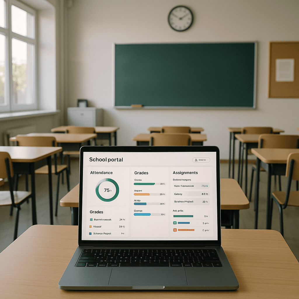 Classroom desk with laptop showing student dashboard and attendance records
