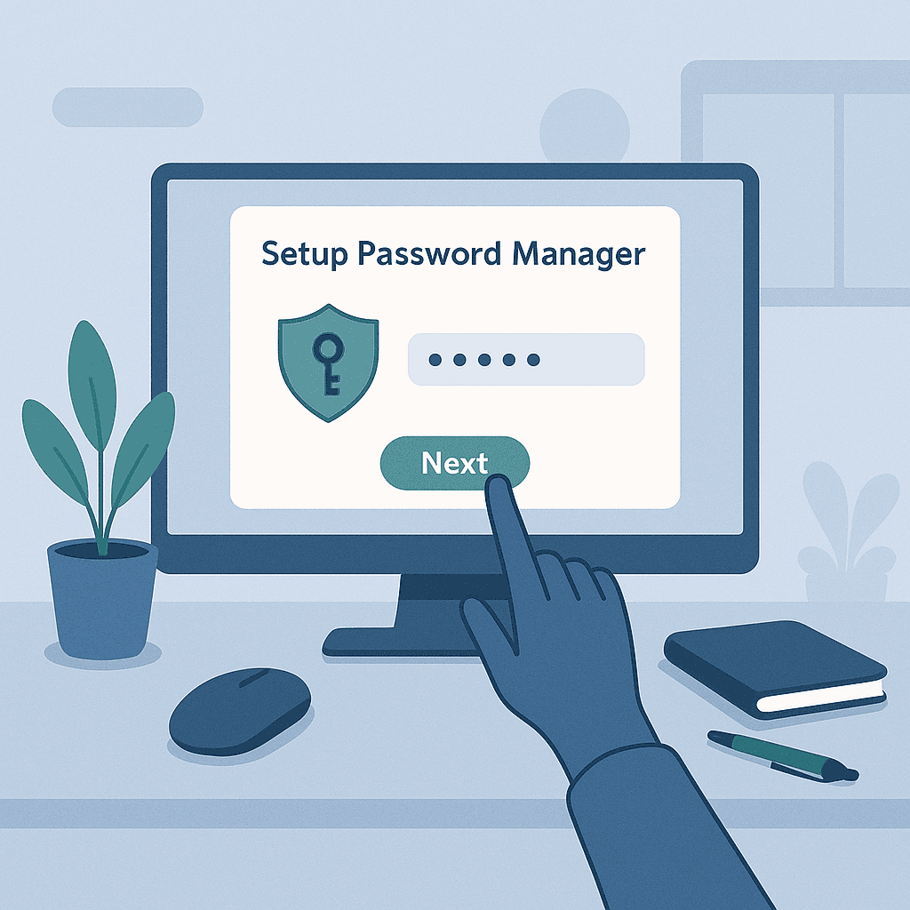 Clean desktop workspace showing laptop with password manager interface, notebook, and coffee cup