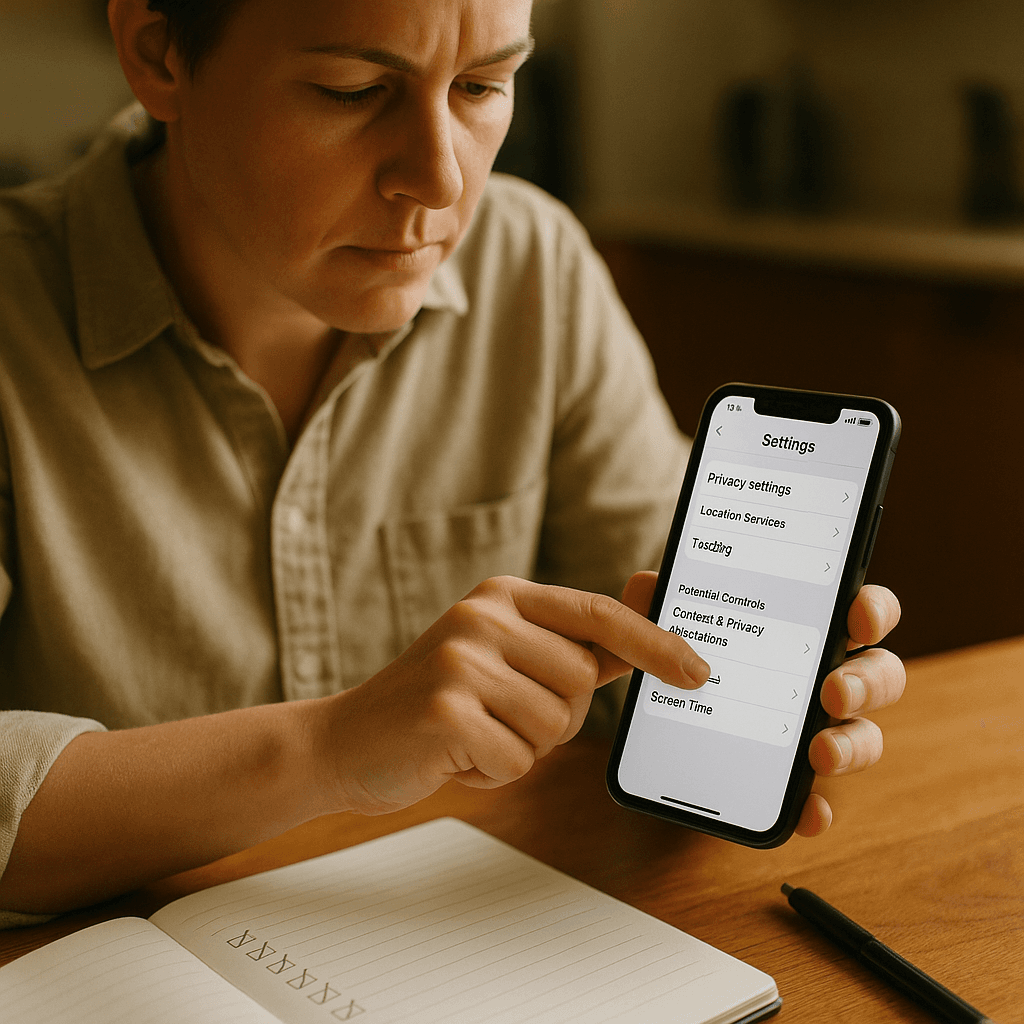 Parent configuring privacy settings on a smartphone before giving it to a child