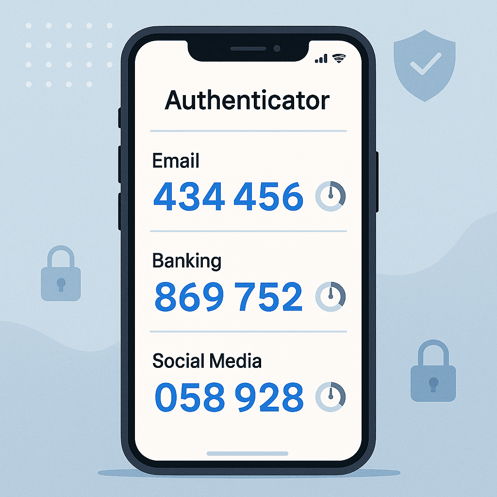 Smartphone screen showing authenticator app generating six-digit codes for multiple accounts