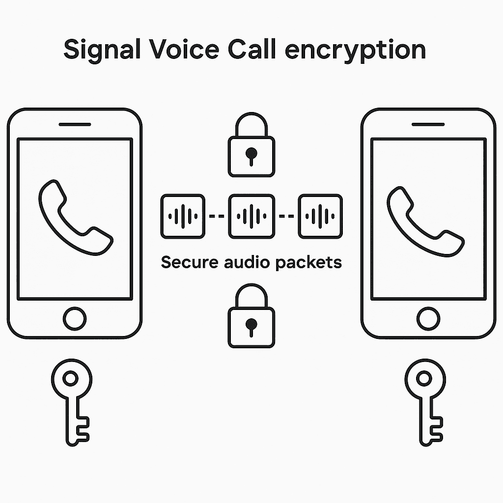 Diagram showing encrypted voice packets flowing between two phones with padlock symbols
