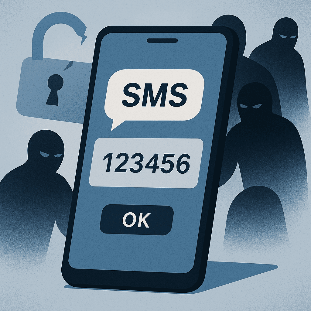 A comparison diagram showing SMS codes on one side and an authenticator app on the other, with a checkmark next to the app