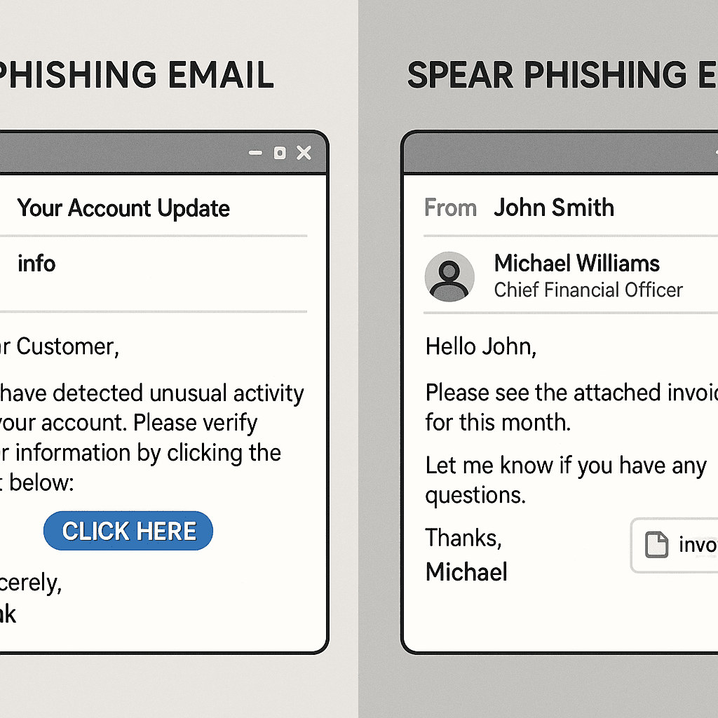 Split screen showing generic phishing email on left and personalized spear phishing email on right