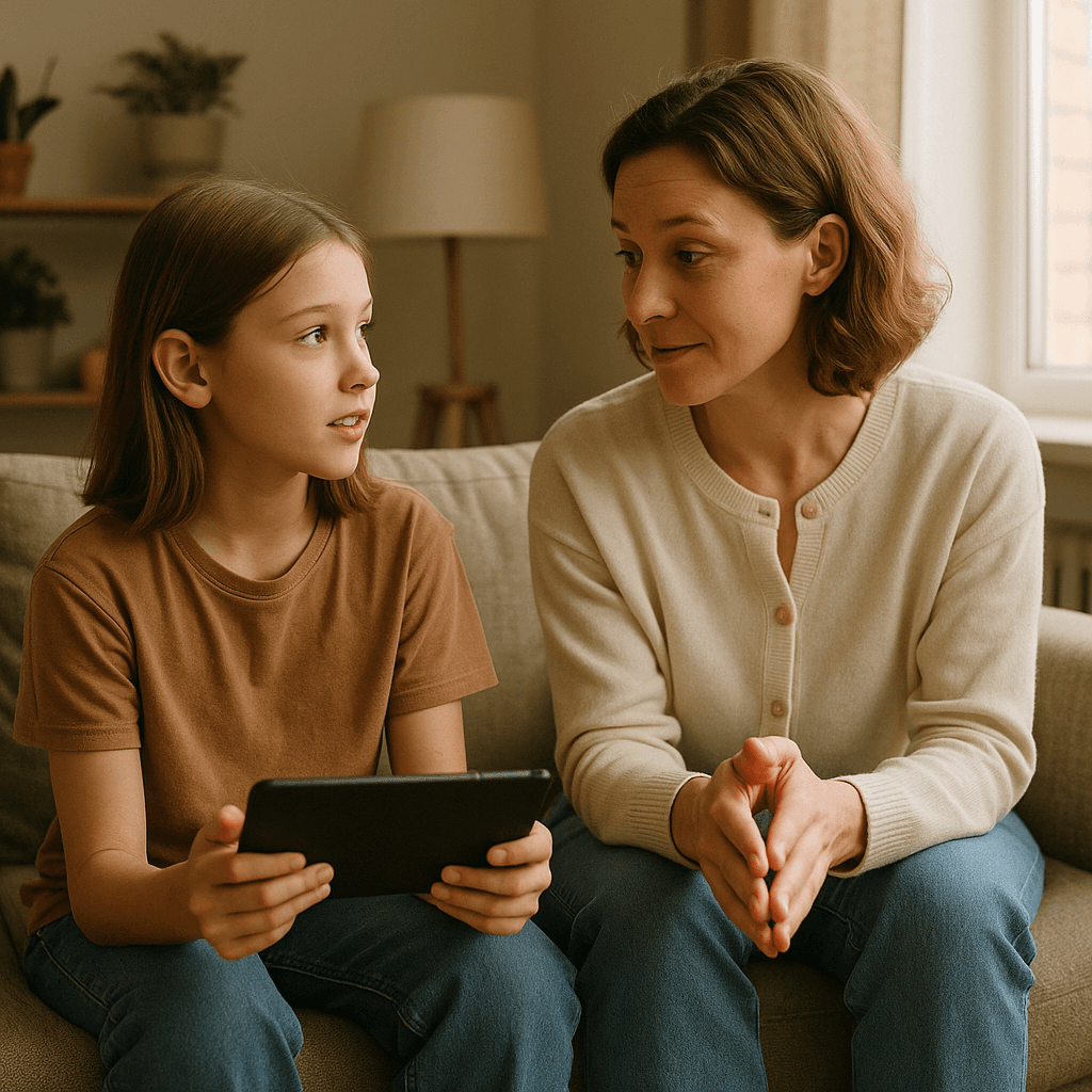 Family sitting together at a kitchen table with devices, establishing ground rules