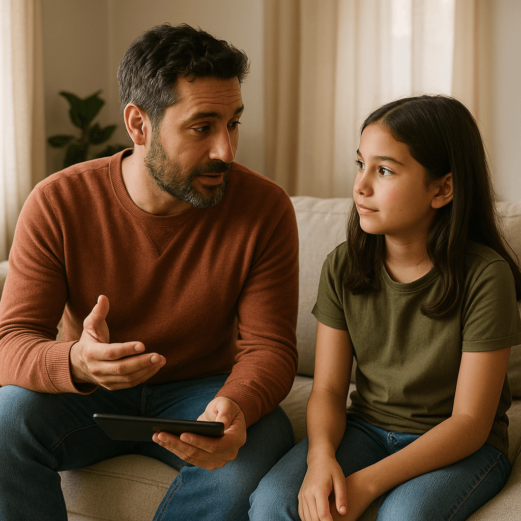 Parent and child looking at a tablet together in a living room, having a calm conversation