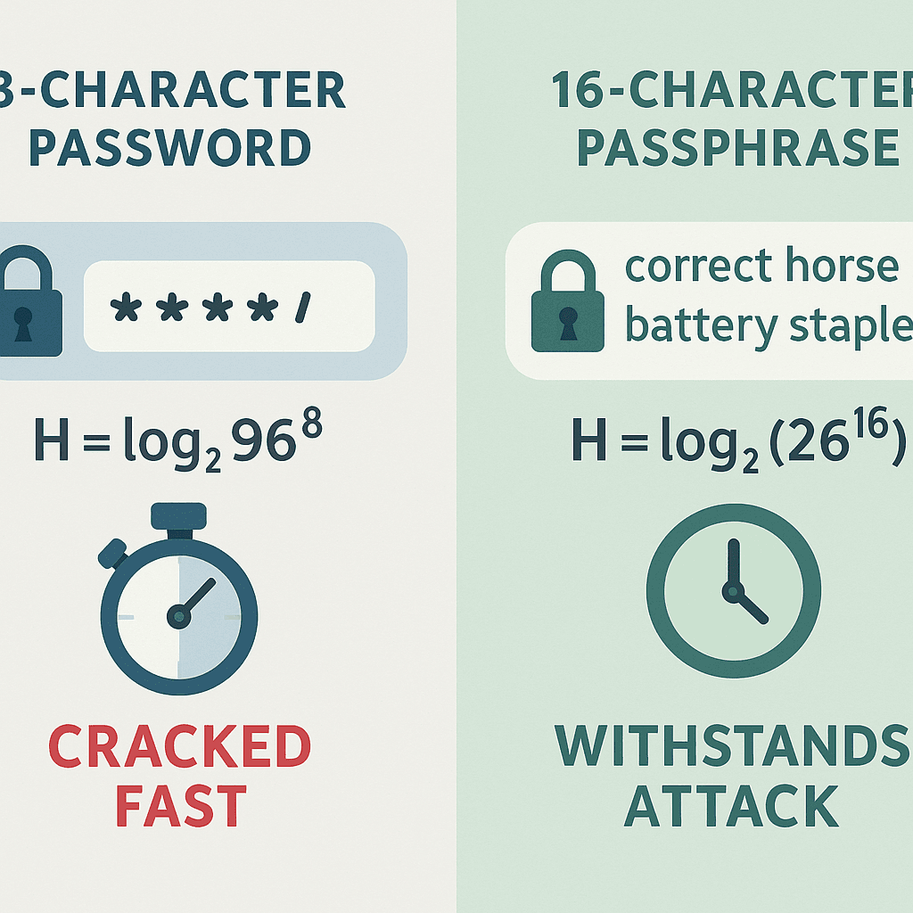 Timeline showing cracking time difference between 8-character and 16-character passwords