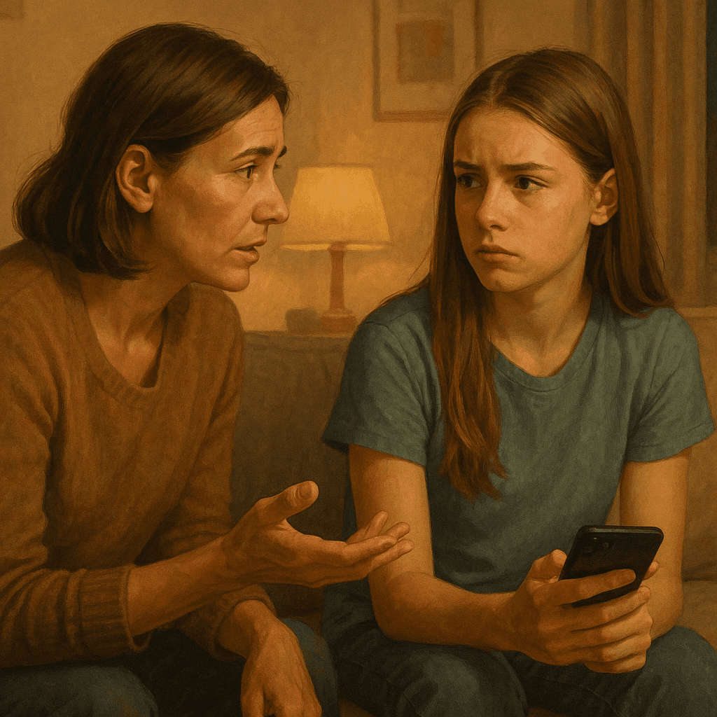Family setting up parental controls on multiple devices at kitchen table