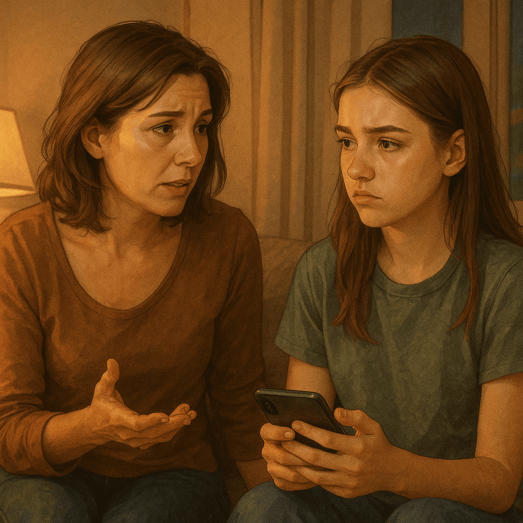 Parent and teenager looking at phone screen together, conversation about social media safety