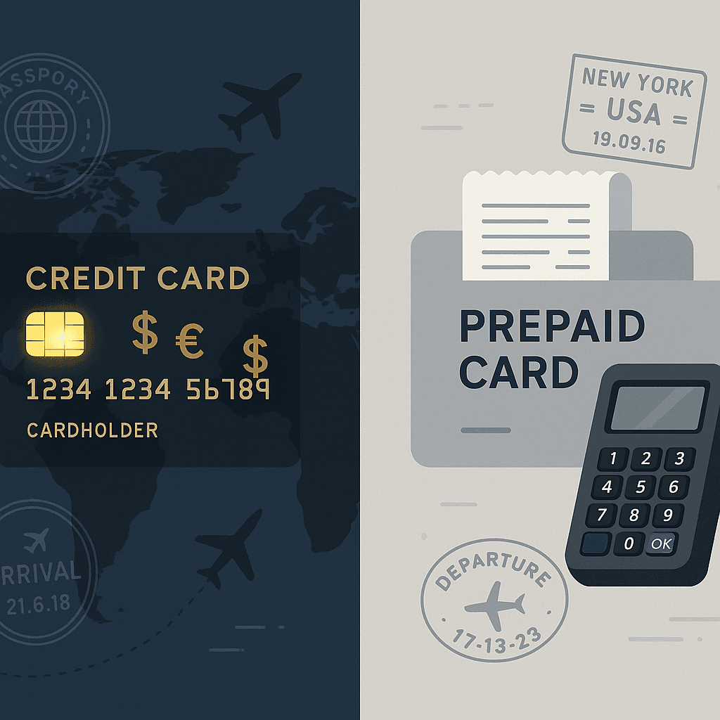 Two payment cards side by side on a map with passport and boarding pass