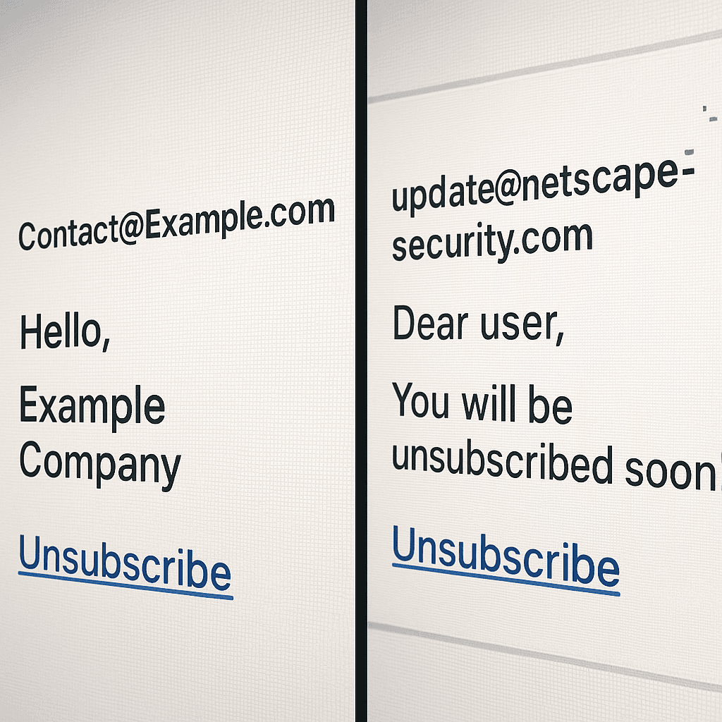 Person reviewing email headers and sender information before clicking an unsubscribe link