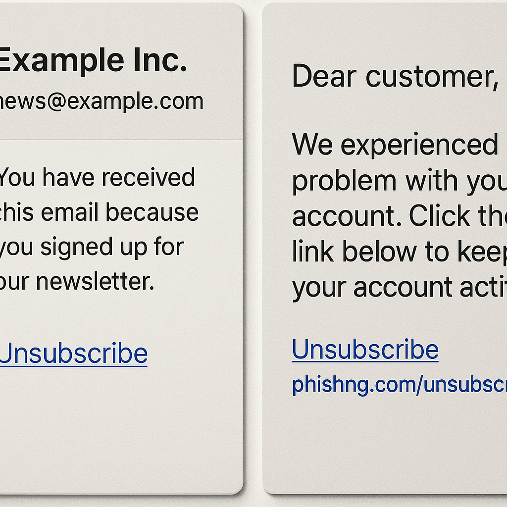 Email inbox with an unsubscribe link highlighted, showing both legitimate and suspicious characteristics