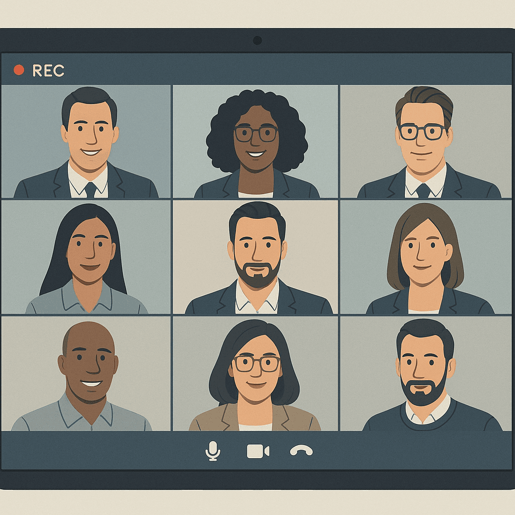 Split screen showing a video conference interface with a small recording indicator icon in the corner