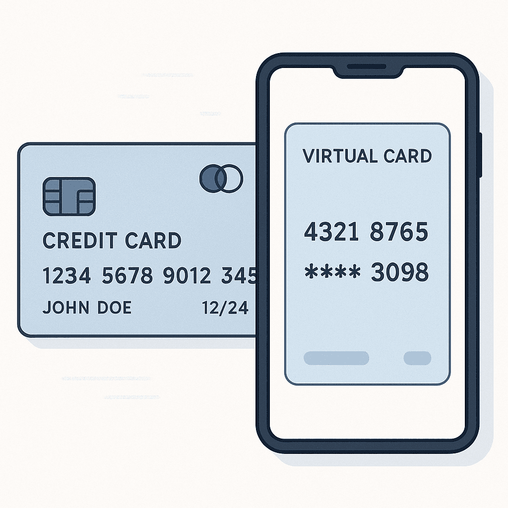 A laptop screen showing a virtual card interface with a generated temporary number, emphasizing the one-time-use nature of virtual payment methods