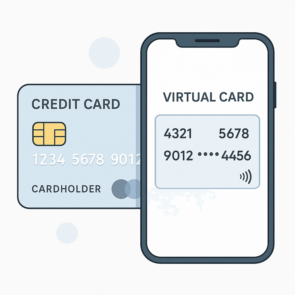 A physical credit card next to a smartphone displaying a virtual card number, illustrating the concept of temporary digital payment credentials
