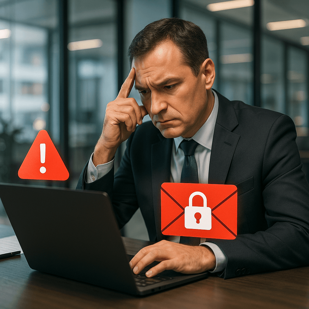 Executive reviewing email on laptop with security warning overlay