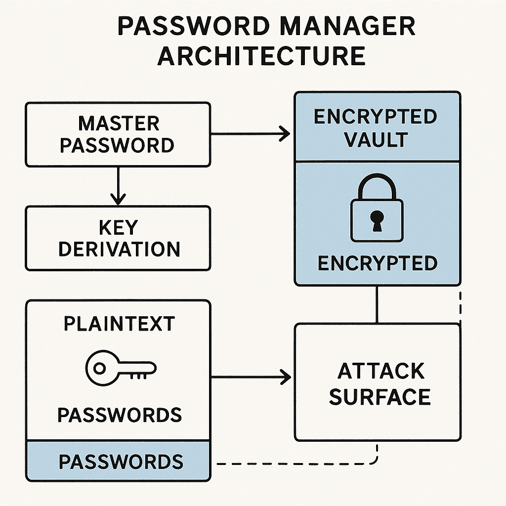 Layered security diagram showing master password, encryption, and MFA protecting vault