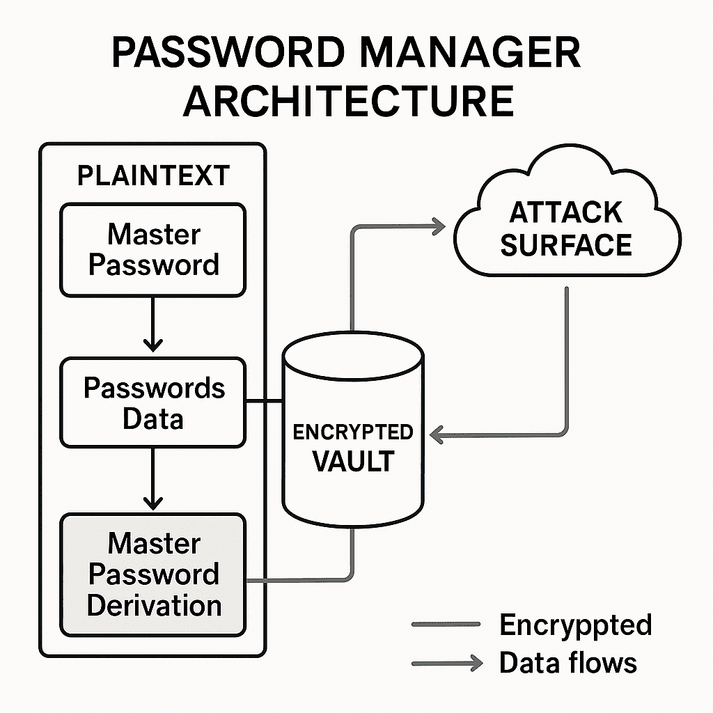 Encrypted vault file shown as locked container with attacker attempting decryption