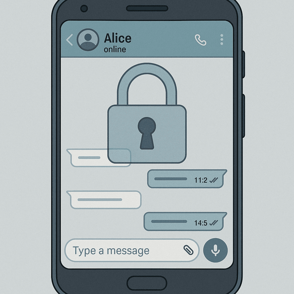 Smartphone screen showing WhatsApp conversation with a translucent encryption lock overlay, representing the gap between technical security and practical privacy
