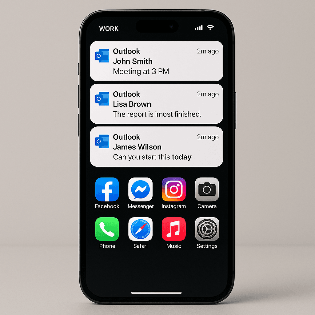 A smartphone displaying a work email notification next to personal apps, illustrating the blurred boundary between professional and personal digital life