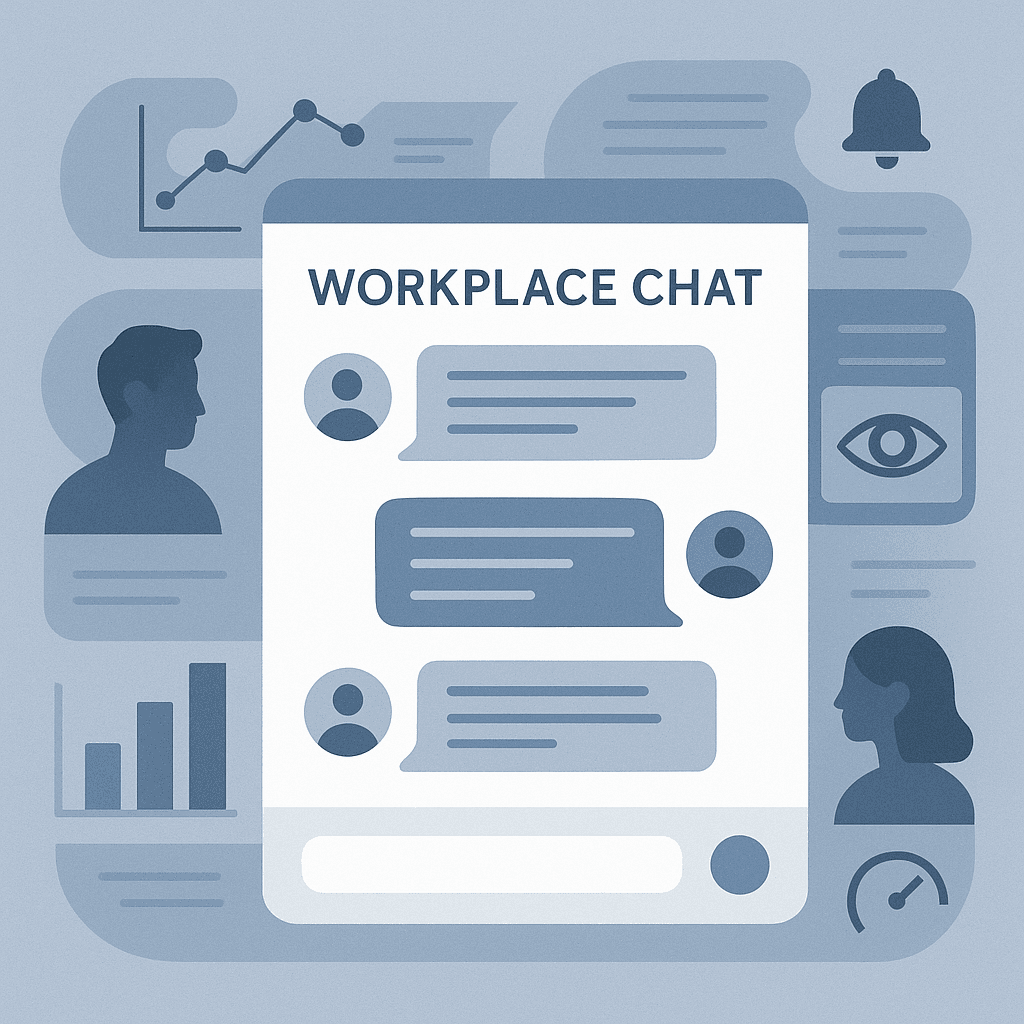 Abstract illustration showing chat bubbles overlaid with monitoring symbols, representing workplace messaging surveillance