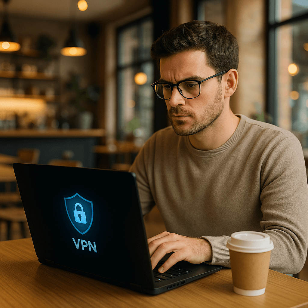 Close-up of a laptop screen showing a VPN connection indicator and a secure lock icon in the browser