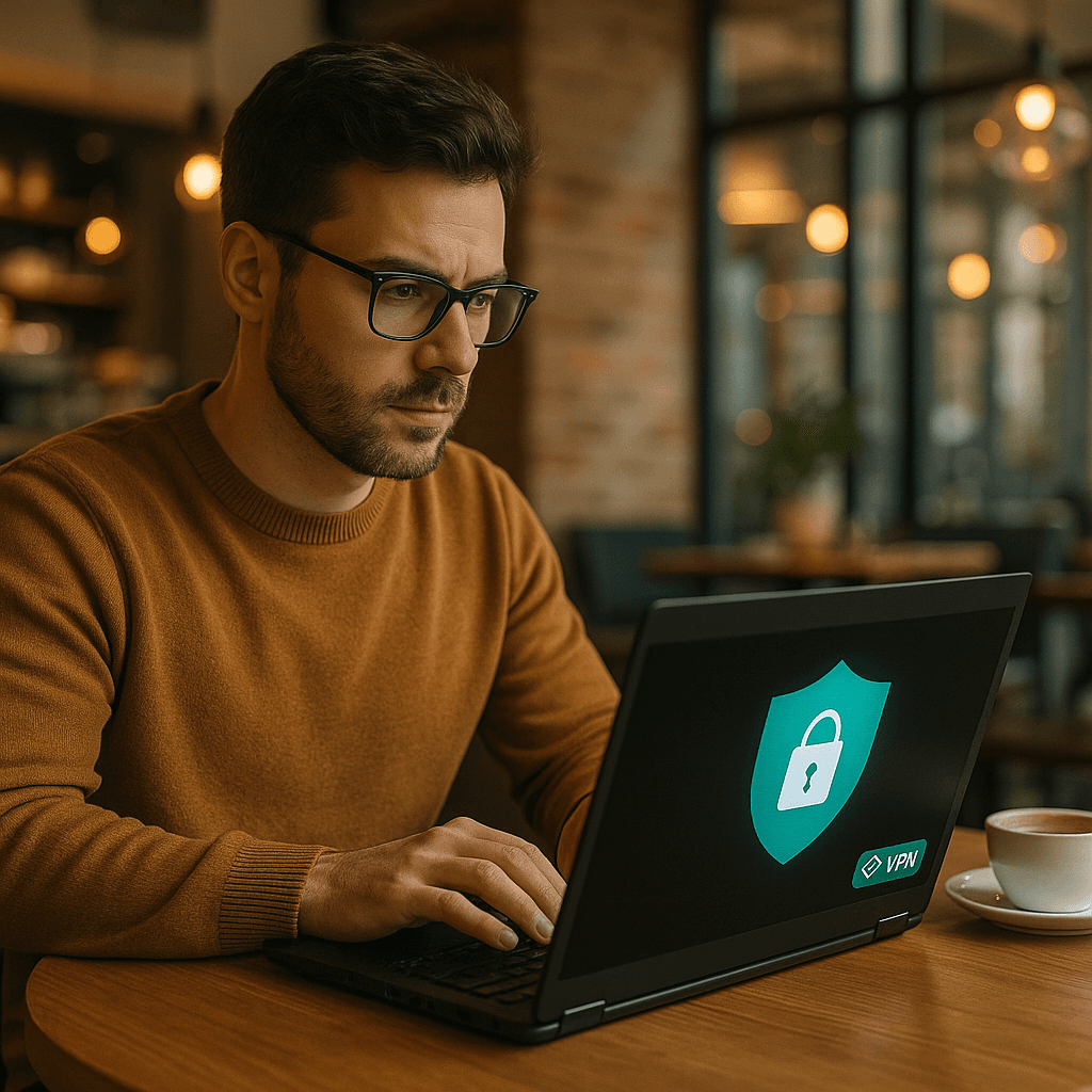 Laptop open on a coffee shop table with a privacy screen, hands typing, coffee cup beside it