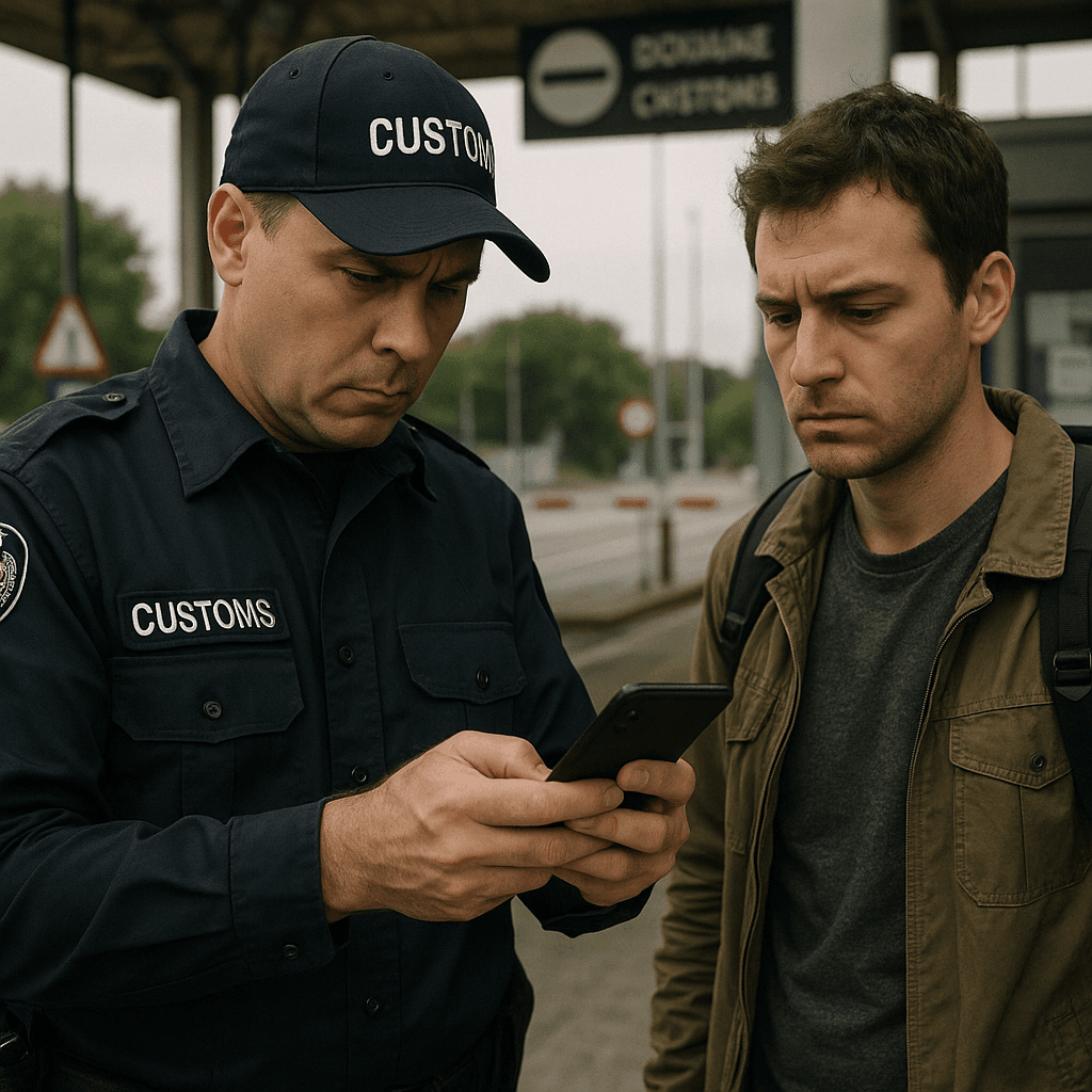 Customs officer examining a traveler's smartphone at an international border checkpoint