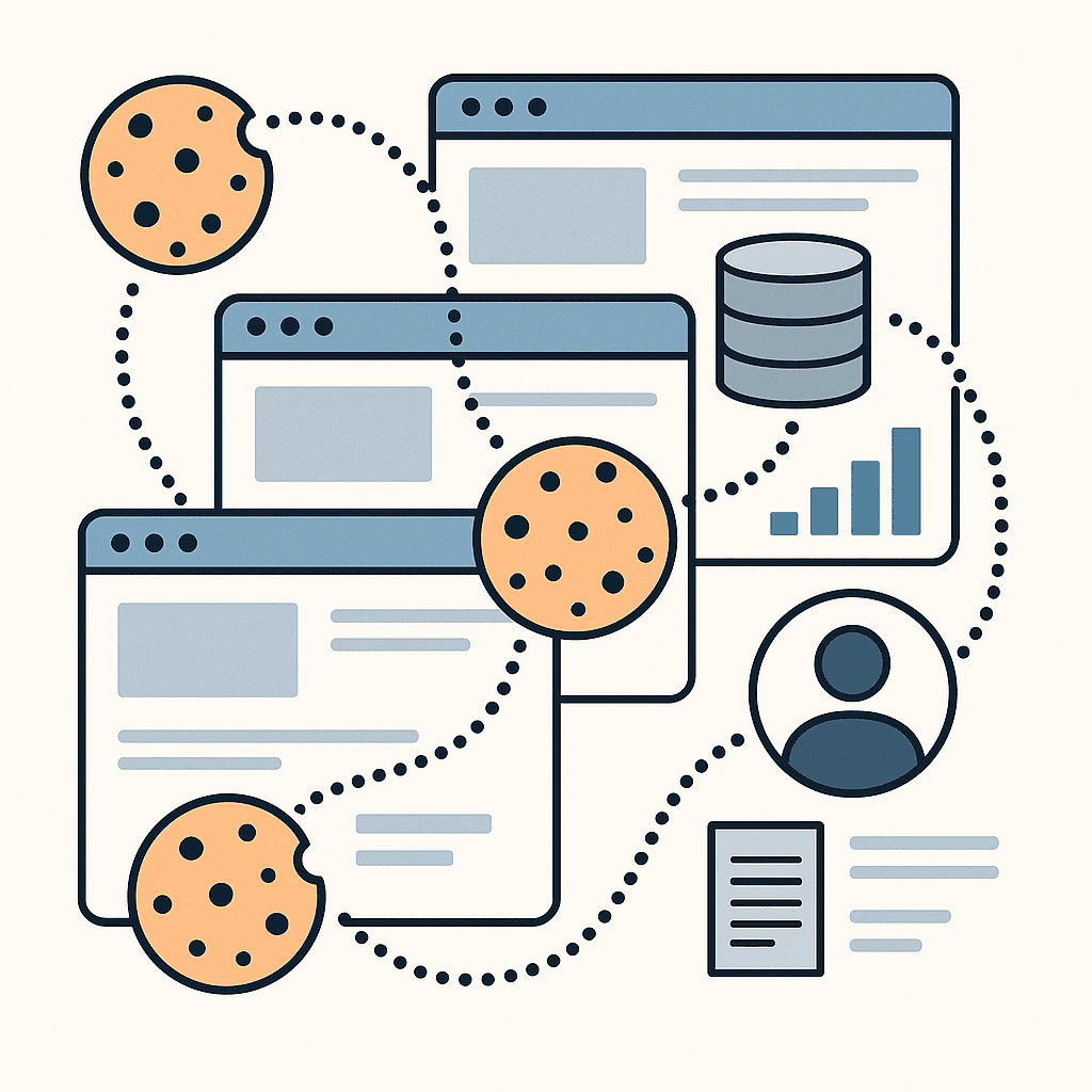 Abstract visualization of tracking cookies following a user across multiple website windows