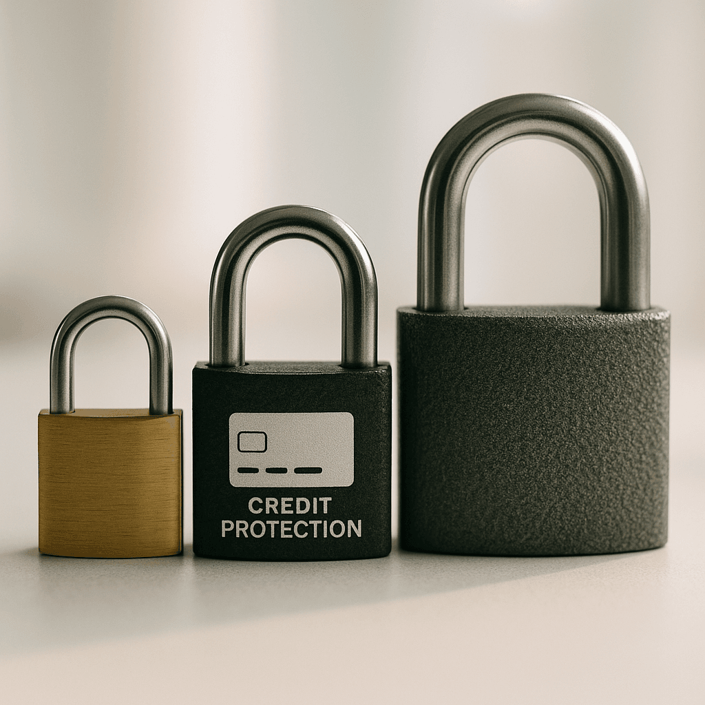 Three padlocks of different sizes arranged side by side, representing credit freeze, fraud alert, and credit lock protection options