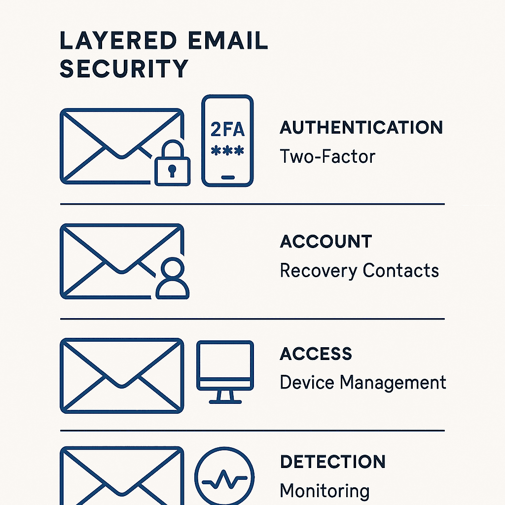 Layered security controls protecting an email inbox from multiple attack vectors